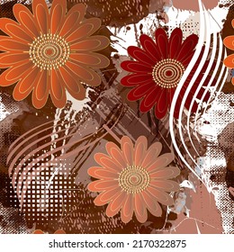 Beautiful floral seamless pattern. Colorful brush strokes dirty background. Hand drawn bright flowers. Repeat floral grunge rough backdrop. Abstract flowers ornaments. Splashes, wave lines, squares.
