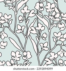 Beautiful floral seamless pattern. Cute natural background with wild meadow flowers in silhouette, outline. Hand drawn wildflowers wallpaper. Botanical vector print for spring textile, fabric design