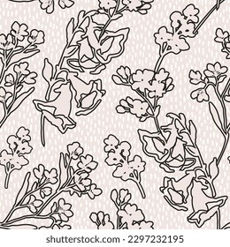 Beautiful floral seamless pattern. Cute natural wild meadow flowers in silhouette, outline on doodle background. Hand drawn wildflowers wallpaper. Botanical vector print for textile, fabric design