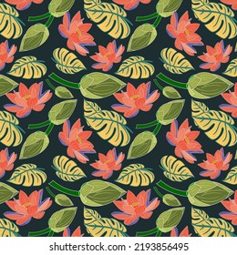 Beautiful floral seamless pattern of dark olive green, orange soda, dark green x 11, liberty color lotus flower, lotus bud and leaf on Charleston green color background. textile design, wallpaper.