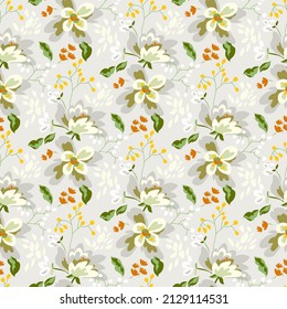 Beautiful floral seamless pattern design, pretty  abstract flowers and leaves on a gray color decorative background