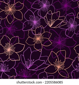 Beautiful floral seamless pattern design in hand-drawn style. Linear  flowers repeat texture. Purple, orange, violet flowers on a dark background. 