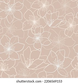 Beautiful floral seamless pattern design in hand-drawn style. Linear  flowers repeat texture. Beige flowers on a dark background. 