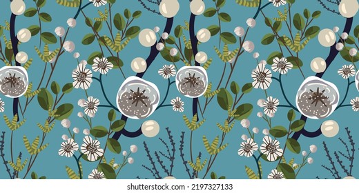 Beautiful floral seamless pattern with flowering branches of almonds (apple trees) on a blue-turquoise background. Botanical print for fashion design, fabrics, wallpapers, covers... Vector 