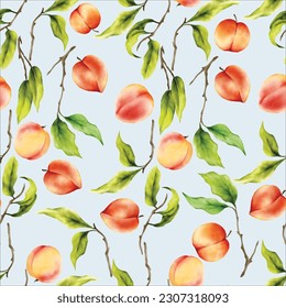 beautiful floral seamless pattern with hand drawn peaches watercolor