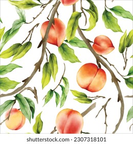 beautiful floral seamless pattern with hand drawn peaches watercolor