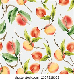 beautiful floral seamless pattern with hand drawn peaches watercolor