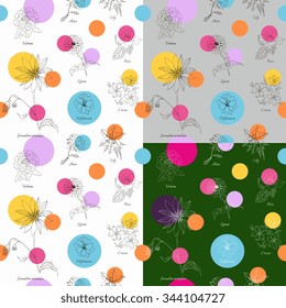 Beautiful floral seamless pattern. Hand drawn flowers on different backgrounds with colorful dots. Botanical vector illustration.