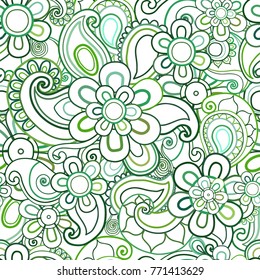 Beautiful floral seamless pattern. Hand drawn green and white ethnic doodles with flowers and 