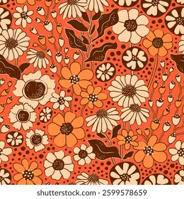 Beautiful floral seamless pattern with hand-drawn flowers in retro style