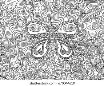 Beautiful floral seamless pattern with handwritten butterfly and curling lines decorative ornament