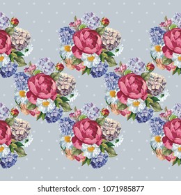 Beautiful floral seamless pattern with hydrangea peony rose flowers
