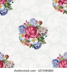 Beautiful floral seamless pattern with hydrangea peony rose flowers