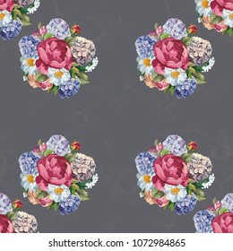 Beautiful floral seamless pattern with hydrangea peony rose flowers