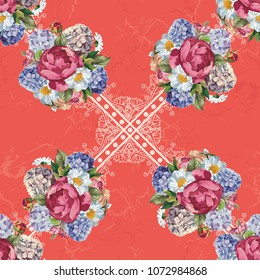 Beautiful floral seamless pattern with hydrangea peony rose flowers
