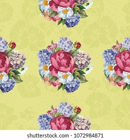 Beautiful floral seamless pattern with hydrangea peony rose flowers