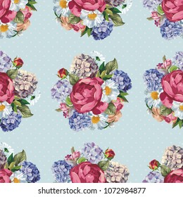 Beautiful floral seamless pattern with hydrangea peony rose flowers