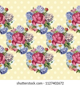 Beautiful floral seamless pattern with hydrangea peony rosepeony rose flowers