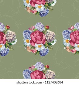 Beautiful floral seamless pattern with hydrangea peony rosepeony rose flowers