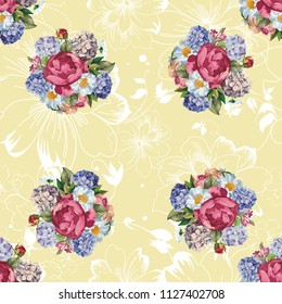 Beautiful floral seamless pattern with hydrangea peony rosepeony rose flowers