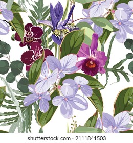 Beautiful floral seamless pattern with hydrangea and exotic flowers, herbs and leaves.  Seamless pattern for textile, wrapping paper, package.
