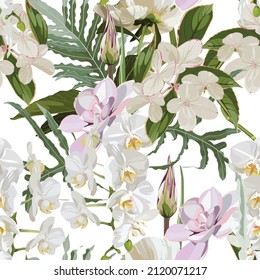 Hermoso patrón floral sin costuras con horangea de flores blancas, rquidos y hojas.  Patrón sin inconvenientes para el textil, papel de envoltura, paquete.