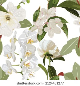 Beautiful floral seamless pattern with hydrangea white flowers, ochids and leaves.  Seamless pattern for textile, wrapping paper, package.