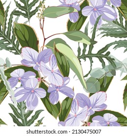 Beautiful floral seamless pattern with hydrangea violet flowers and leaves.  Seamless pattern for textile, wrapping paper, package.
