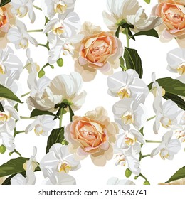Beautiful floral seamless pattern with hydrangea white flowers, orchids, roses and leaves.  Seamless pattern for textile, wrapping paper, package.