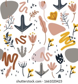 Beautiful floral seamless pattern inspired by vintage memphis style. Vector minimalist botanical digital paper with tropical plants, flowers and fun doodle objects. Modern abstract spring composition