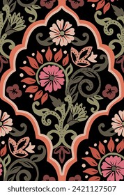 Hermoso patrón floral sin costuras en estilo jacobeo y arte mogol. Decorativo estilo oriental ornamental sin fisuras en el patrón floral para el papel de pared, textil estilo indio.Ilustración vectorial