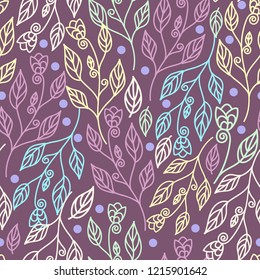 Beautiful floral seamless pattern with leaves and flowers in purple background. Vector illustration perfect for wallpaper, texture, fabric, textile, and surface design.