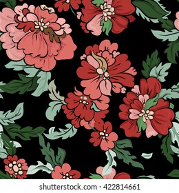 Beautiful floral seamless pattern . Light composition on black. Vector background.