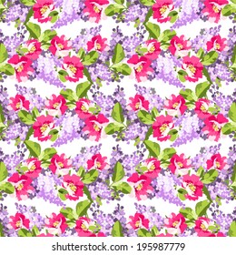 Beautiful floral seamless pattern with lilac flowers and rose hips