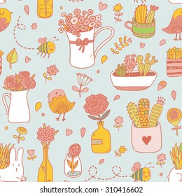 Beautiful floral seamless pattern made of different house plants in bright colors. Lovely natural background made of house flowers in pots and birds, bees with rabbits in vector