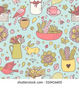 Beautiful floral seamless pattern made of different house plants with birds, rabbit and bee in pink colors. Lovely flowers in pots. Sweet natural background in vector