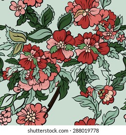 Beautiful  floral seamless pattern with mint backdrop. Vector background.  Flowers and leaves.