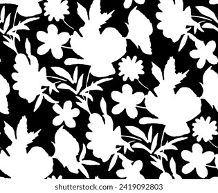 Beautiful floral seamless pattern.  natural background with meadow flowers. Hand drawn grunge wildflowers wallpaper. Simple daisy vector print for spring textile, fabric design. Floral silhouettes.