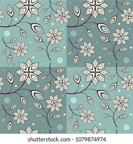 Beautiful floral seamless pattern on turquoise background. Vector illustration for fabric and tile. Template for textile, wrapping paper and elegant background.