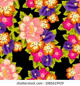 beautiful floral seamless pattern on black background. For your fabric design, clothing, printed matter. Greetings and cards for birthday, wedding, Valentine's day and more. Vector illustration