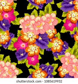 beautiful floral seamless pattern on black background. For your fabric design, clothing, printed matter. Greetings and cards for birthday, wedding, Valentine's day and more. Vector illustration