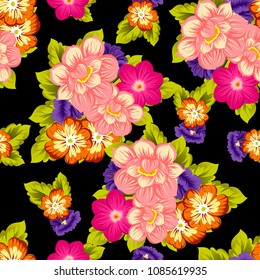 beautiful floral seamless pattern on black background. For your fabric design, clothing, printed matter. Greetings and cards for birthday, wedding, Valentine's day and more. Vector illustration