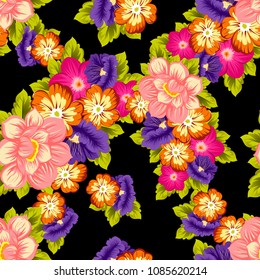beautiful floral seamless pattern on black background. For your fabric design, clothing, printed matter. Greetings and cards for birthday, wedding, Valentine's day and more. Vector illustration