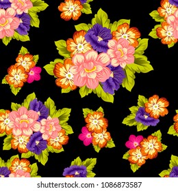 beautiful floral seamless pattern on black background. For your fabric design, clothing, printed matter. Greetings and cards for birthday, wedding, Valentine's day and more. Vector illustration