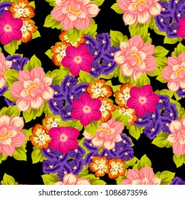beautiful floral seamless pattern on black background. For your fabric design, clothing, printed matter. Greetings and cards for birthday, wedding, Valentine's day and more. Vector illustration