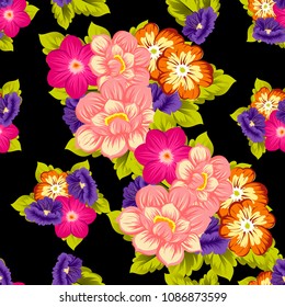 beautiful floral seamless pattern on black background. For your fabric design, clothing, printed matter. Greetings and cards for birthday, wedding, Valentine's day and more. Vector illustration