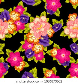 beautiful floral seamless pattern on black background. For your fabric design, clothing, printed matter. Greetings and cards for birthday, wedding, Valentine's day and more. Vector illustration
