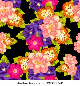 beautiful floral seamless pattern on black background. For your fabric design, clothing, printed matter. Greetings and cards for birthday, wedding, Valentine's day and more. Vector illustration