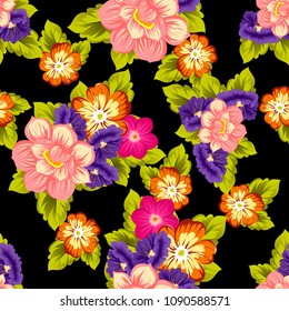 beautiful floral seamless pattern on black background. For your fabric design, clothing, printed matter. Greetings and cards for birthday, wedding, Valentine's day and more. Vector illustration