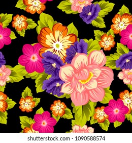 beautiful floral seamless pattern on black background. For your fabric design, clothing, printed matter. Greetings and cards for birthday, wedding, Valentine's day and more. Vector illustration